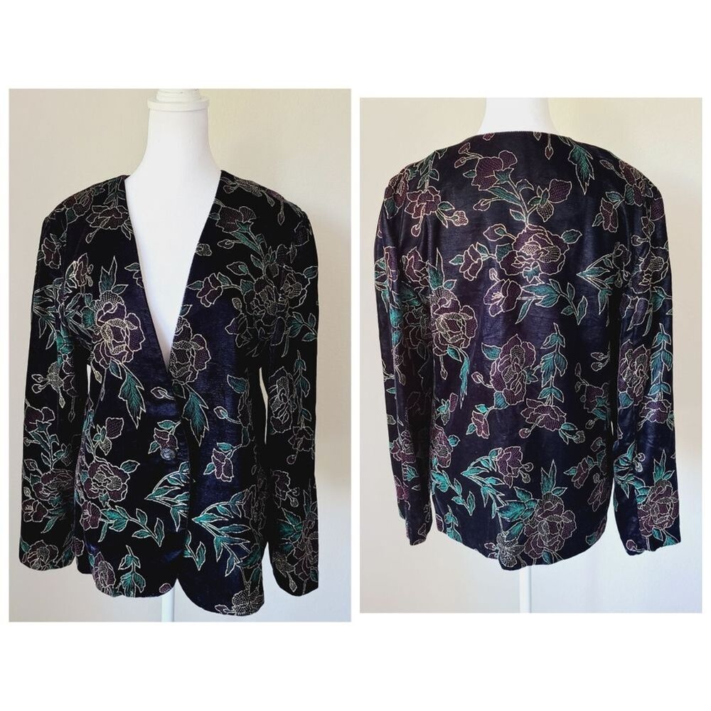 Norton McNaughton Petites Blazer 10 P Black Gold Floral Roses Unlined Holiday - Picture 5 of 13